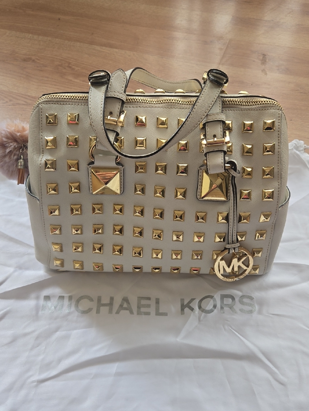 Rare! Michael Kors Cream Studded Satchel with Gold Hardware